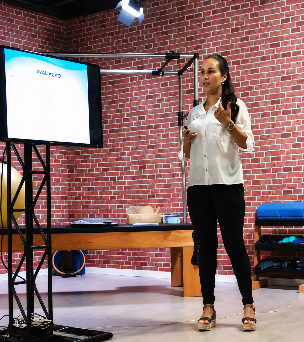 Lígia Bastos ministrando uma formação de Pilates ao lado da tela de apresentação